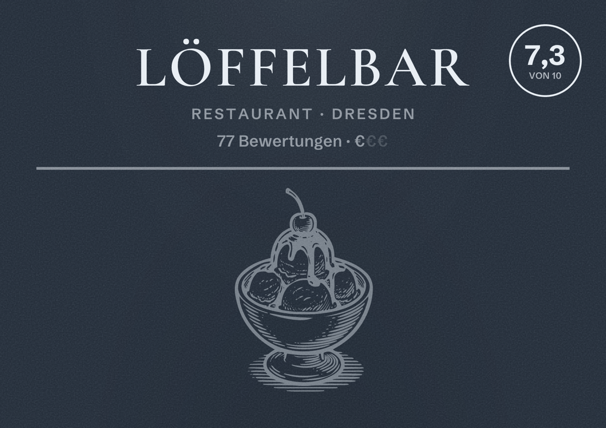 Illustriertes Poster von löffelbar, Restaurant in Dresden: Bewertung 7,3 von 10 aus 77 Bewertungen, Preisniveau €