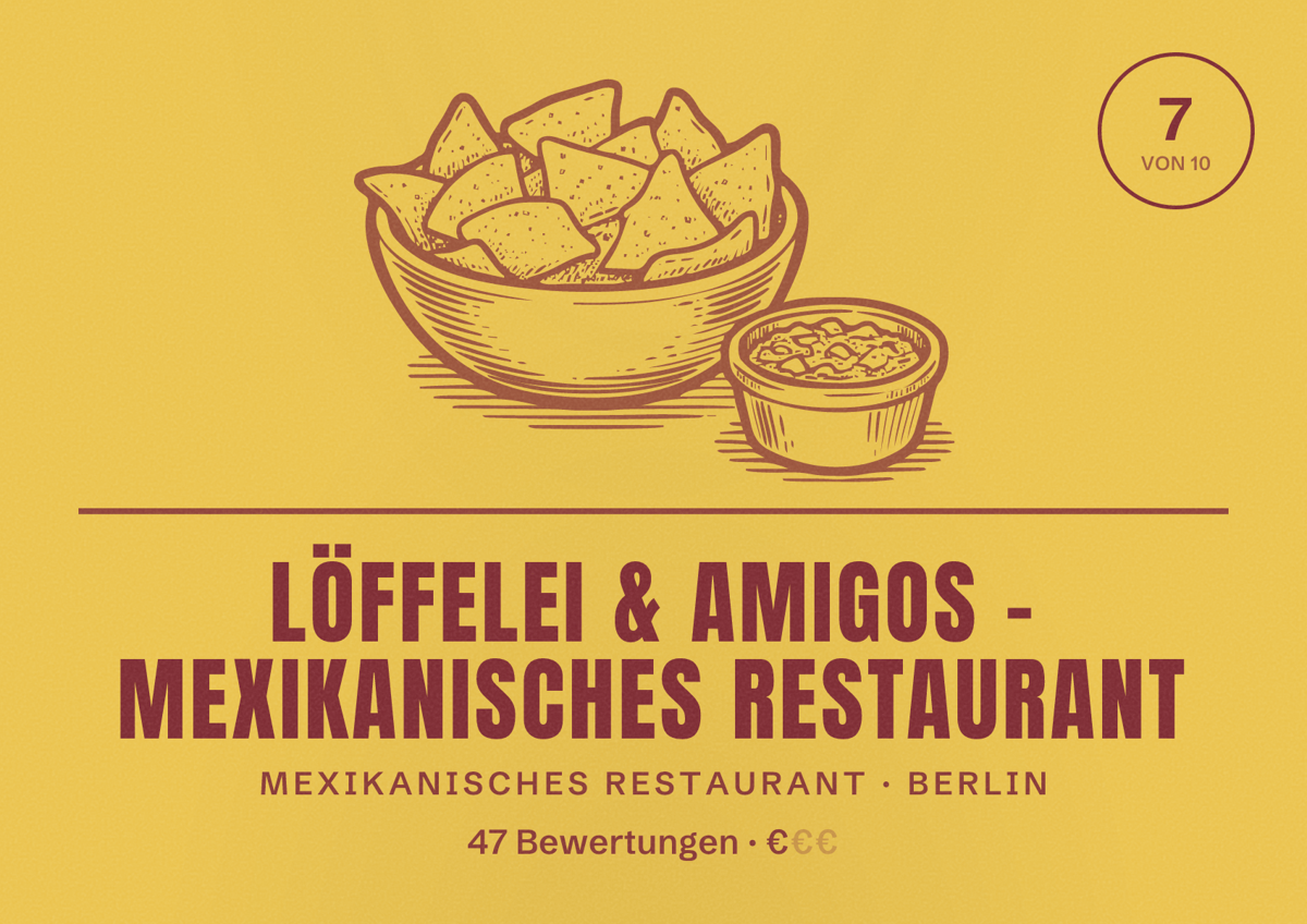 Illustriertes Poster von Löffelei & Amigos - Mexikanisches Restaurant, Mexikanisches Restaurant in Berlin: Bewertung 7,0 von 10 aus 47 Bewertungen, Preisniveau €