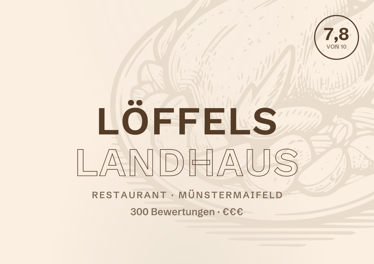 Illustriertes Poster von Löffels Landhaus, Restaurant in Münstermaifeld: Bewertung 7,8 von 10 aus 300 Bewertungen, Preisniveau €€€