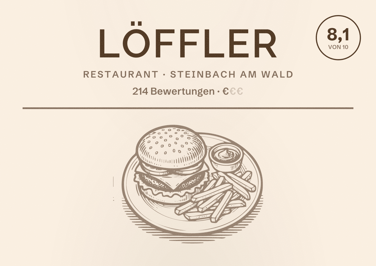 Illustriertes Poster von Löffler, Restaurant in Steinbach am Wald: Bewertung 8,1 von 10 aus 214 Bewertungen, Preisniveau €