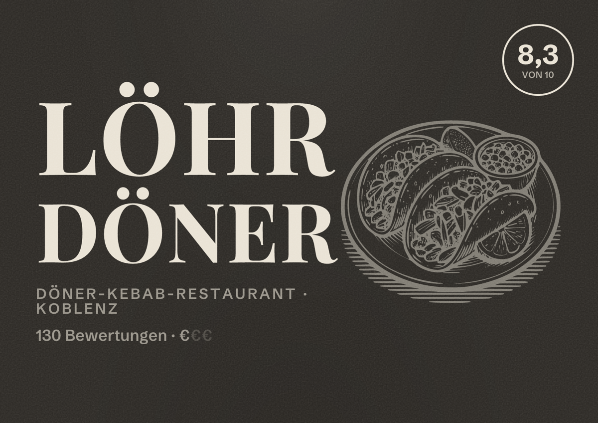 Illustriertes Poster von Löhr Döner, Döner-Kebab-Restaurant in Koblenz: Bewertung 8,3 von 10 aus 130 Bewertungen, Preisniveau €