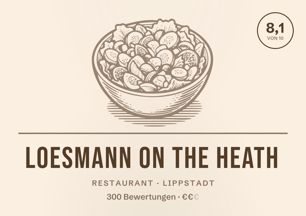 Illustriertes Poster von Loesmann on the heath, Restaurant in Lippstadt: Bewertung 8,1 von 10 aus 300 Bewertungen, Preisniveau €€
