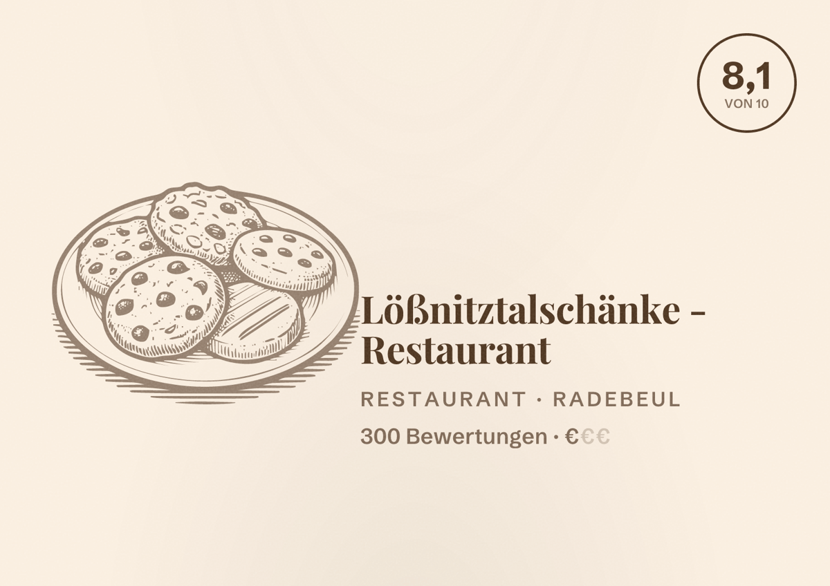 Illustriertes Poster von Lößnitztalschänke - Restaurant, Restaurant in Radebeul: Bewertung 8,1 von 10 aus 300 Bewertungen, Preisniveau €