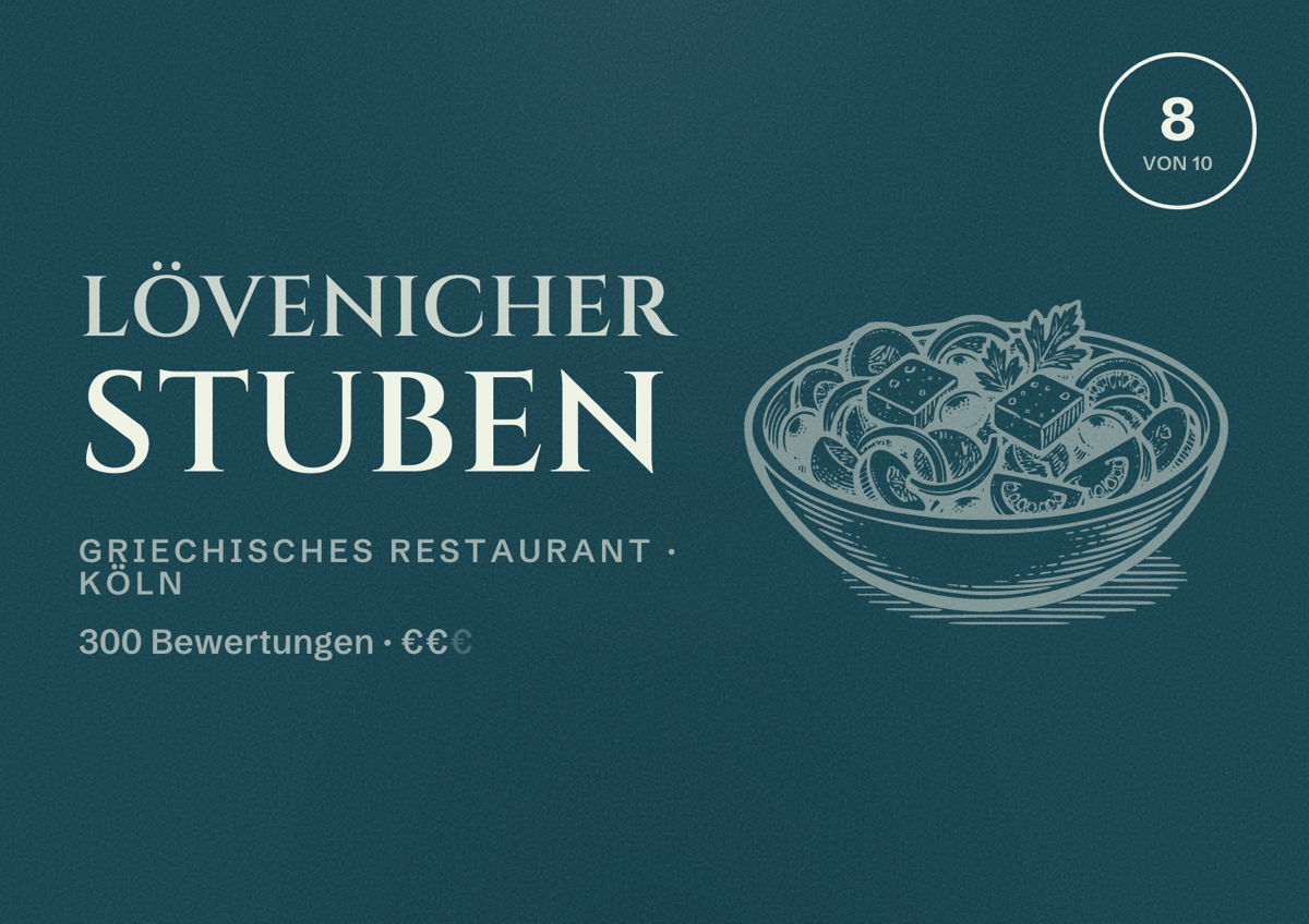 Illustriertes Poster von Lövenicher Stuben, Griechisches Restaurant in Köln: Bewertung 8,0 von 10 aus 300 Bewertungen, Preisniveau €€