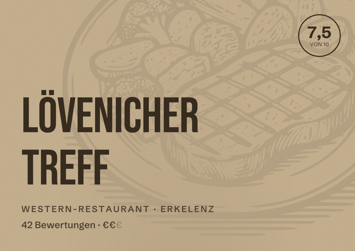 Illustriertes Poster von Lövenicher Treff, Western-Restaurant in Erkelenz: Bewertung 7,5 von 10 aus 42 Bewertungen, Preisniveau €€