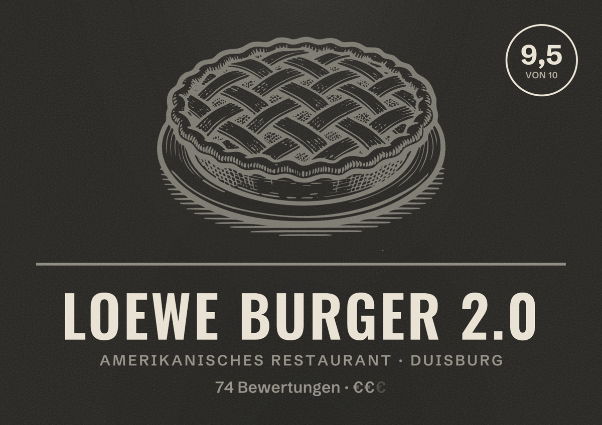 Illustriertes Poster von Loewe Burger 2.0, Amerikanisches Restaurant in Duisburg: Bewertung 9,5 von 10 aus 74 Bewertungen, Preisniveau €€
