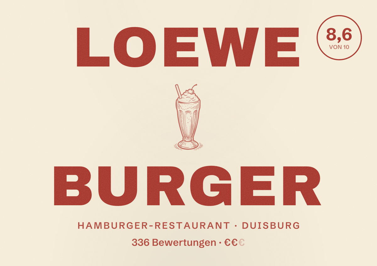 Illustriertes Poster von Loewe Burger, Hamburger-Restaurant in Duisburg: Bewertung 8,6 von 10 aus 336 Bewertungen, Preisniveau €€