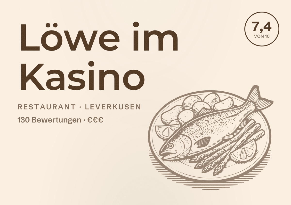 Illustriertes Poster von Löwe im Kasino, Restaurant in Leverkusen: Bewertung 7,4 von 10 aus 130 Bewertungen, Preisniveau €€€