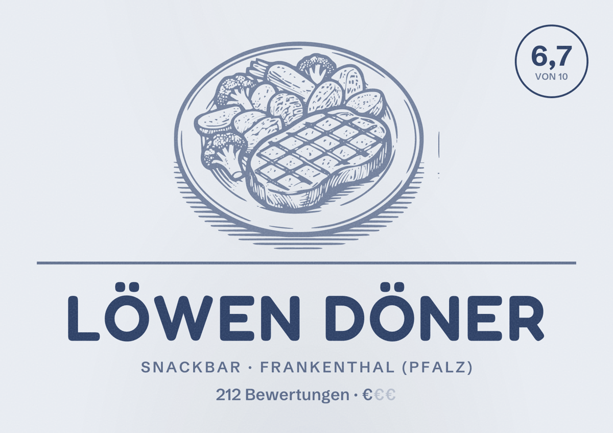Illustriertes Poster von Löwen Döner, Snackbar in Frankenthal (Pfalz): Bewertung 6,7 von 10 aus 212 Bewertungen, Preisniveau €