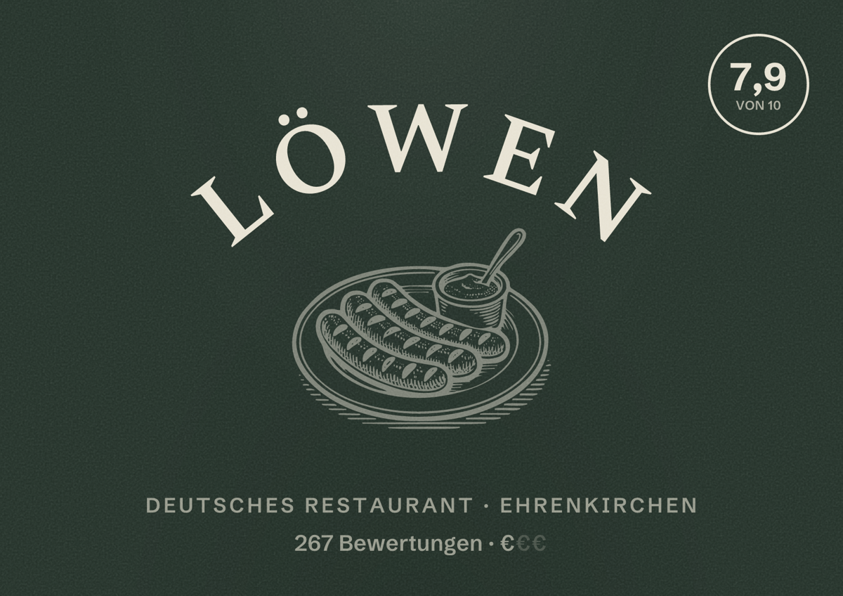 Illustriertes Poster von Löwen, Deutsches Restaurant in Ehrenkirchen: Bewertung 7,9 von 10 aus 267 Bewertungen, Preisniveau €