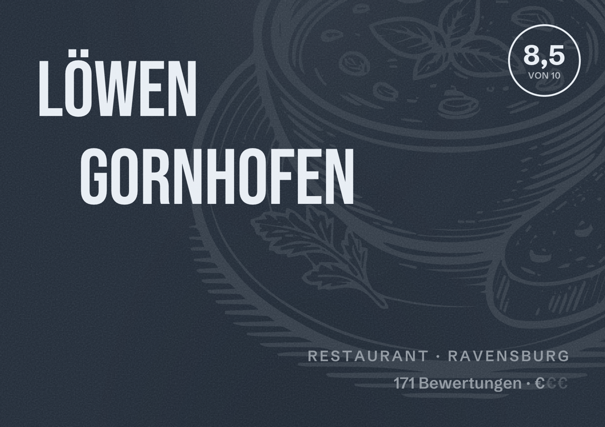Illustriertes Poster von Löwen Gornhofen, Restaurant in Ravensburg: Bewertung 8,5 von 10 aus 171 Bewertungen, Preisniveau €