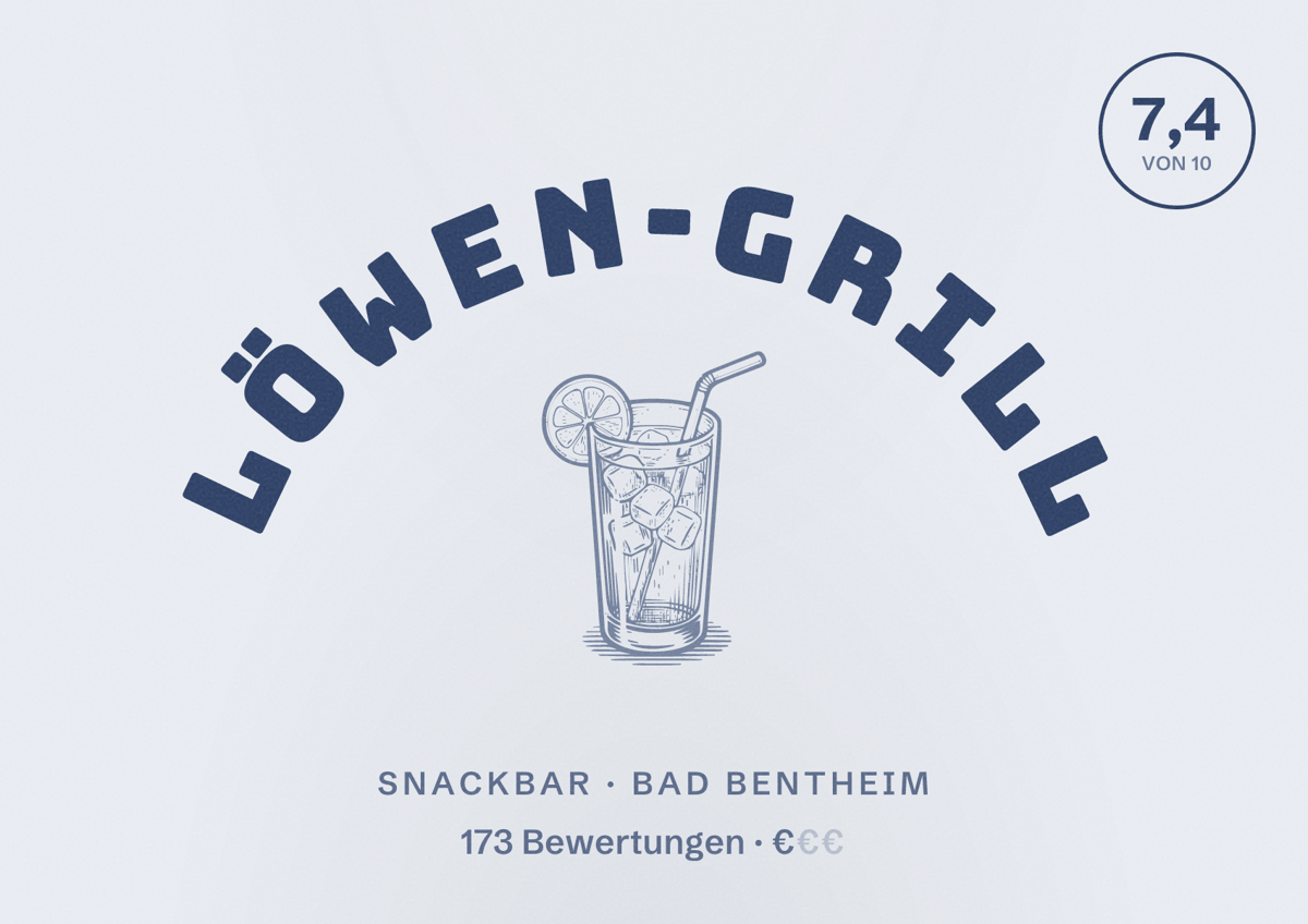 Illustriertes Poster von Löwen-Grill, Snackbar in Bad Bentheim: Bewertung 7,4 von 10 aus 173 Bewertungen, Preisniveau €