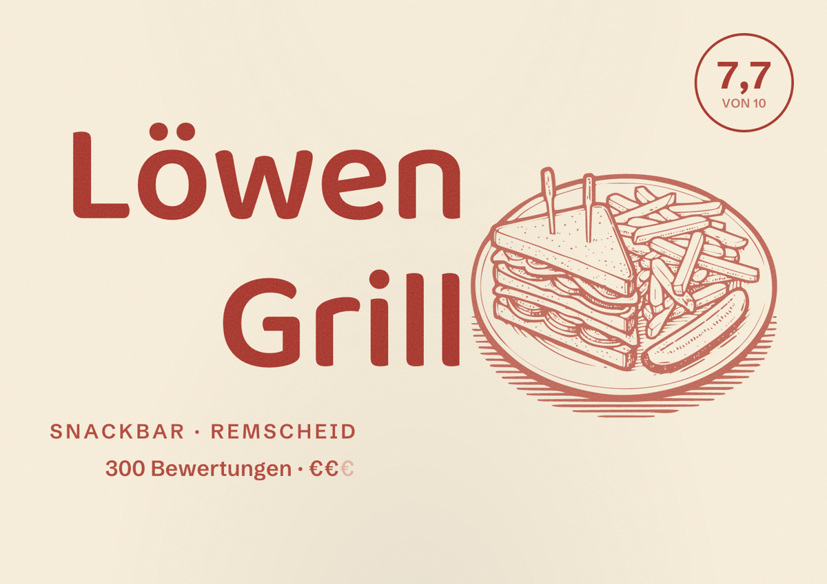 Illustriertes Poster von Löwen Grill, Snackbar in Remscheid: Bewertung 7,7 von 10 aus 300 Bewertungen, Preisniveau €€
