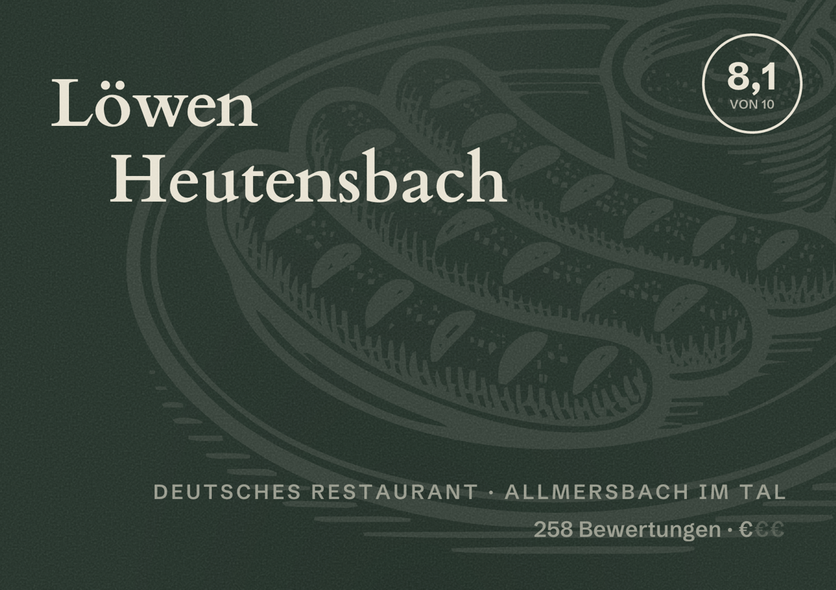 Illustriertes Poster von Löwen Heutensbach, Deutsches Restaurant in Allmersbach im Tal: Bewertung 8,1 von 10 aus 258 Bewertungen, Preisniveau €