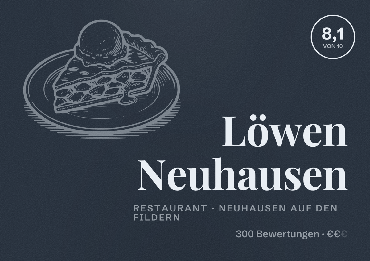 Illustriertes Poster von Löwen Neuhausen, Restaurant in Neuhausen auf den Fildern: Bewertung 8,1 von 10 aus 300 Bewertungen, Preisniveau €€