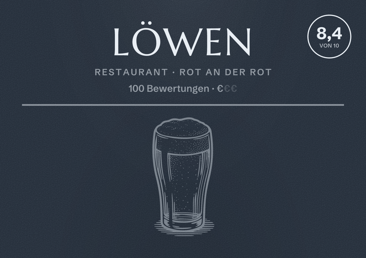 Illustriertes Poster von Löwen, Restaurant in Rot an der Rot: Bewertung 8,4 von 10 aus 100 Bewertungen, Preisniveau €