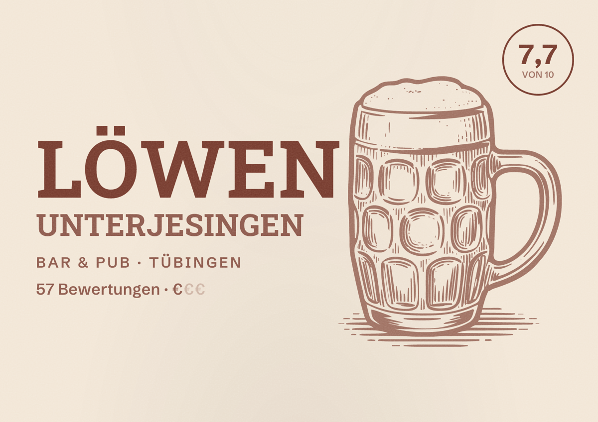 Illustriertes Poster von Löwen Unterjesingen, Bar & Pub in Tübingen: Bewertung 7,7 von 10 aus 57 Bewertungen, Preisniveau €