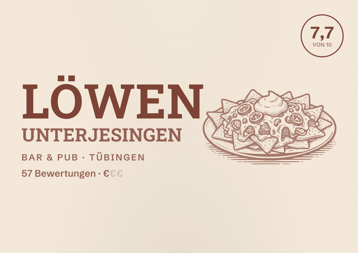 Illustriertes Poster von Löwen Unterjesingen, Bar & Pub in Tübingen: Bewertung 7,7 von 10 aus 57 Bewertungen, Preisniveau €