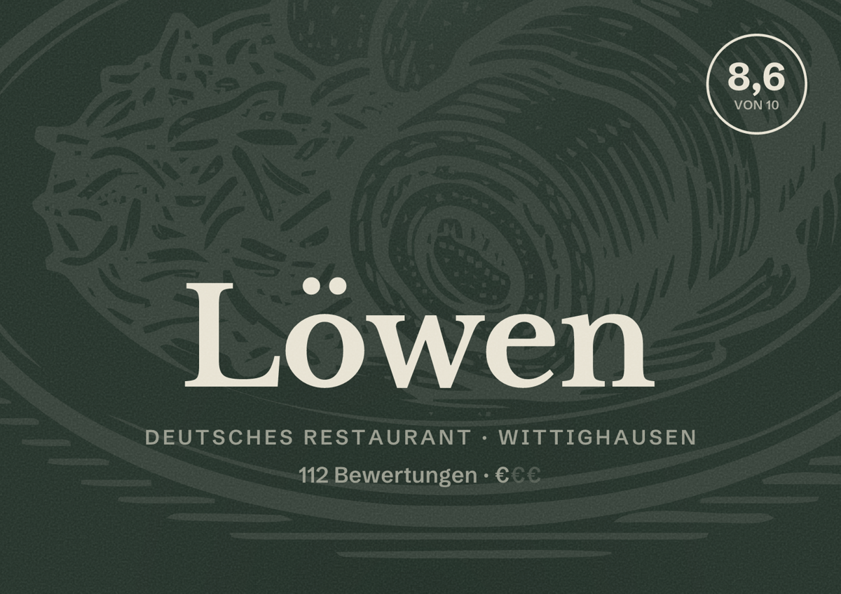 Illustriertes Poster von Löwen, Deutsches Restaurant in Wittighausen: Bewertung 8,6 von 10 aus 112 Bewertungen, Preisniveau €