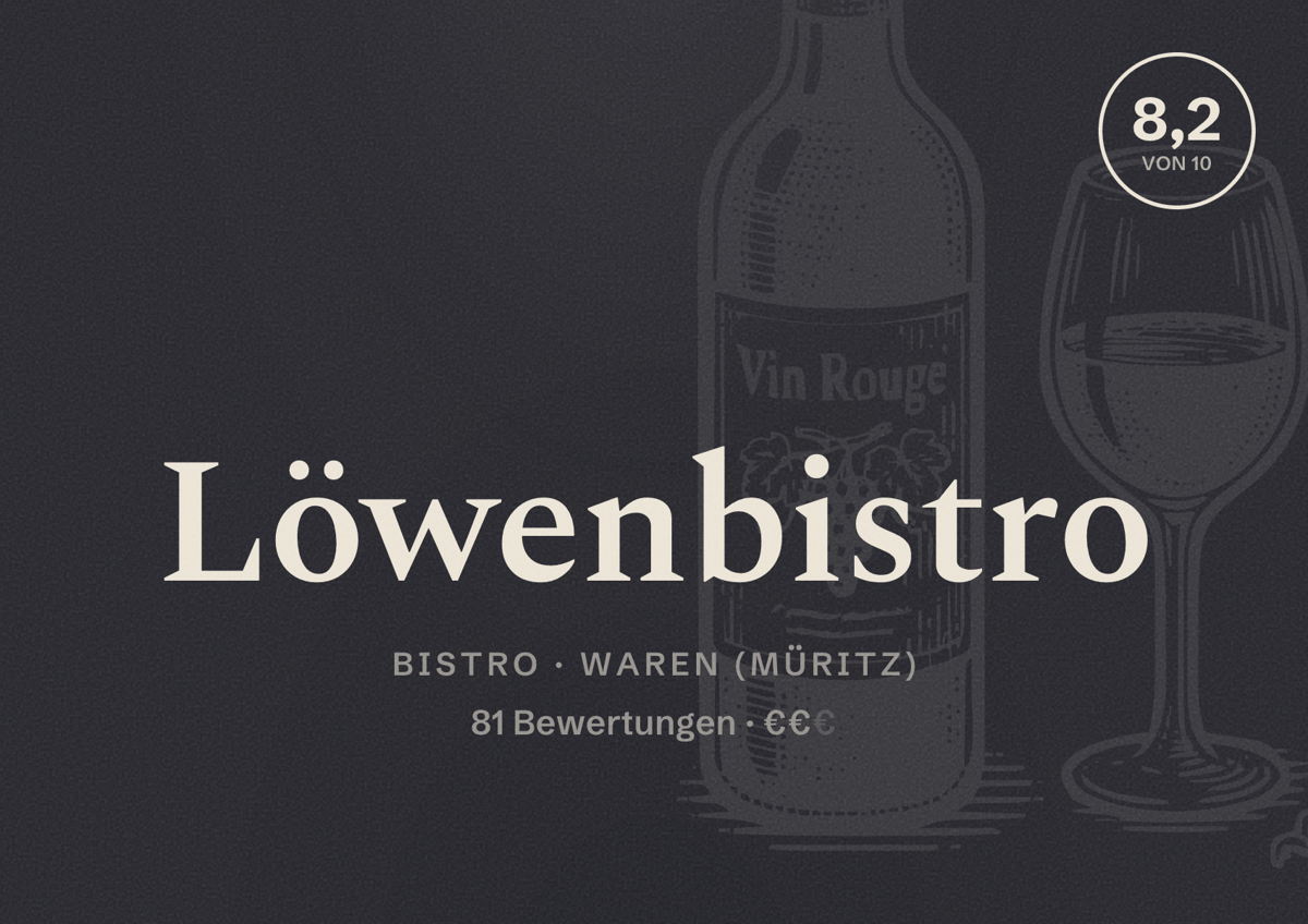 Illustriertes Poster von Löwenbistro, Bistro in Waren (Müritz): Bewertung 8,2 von 10 aus 81 Bewertungen, Preisniveau €€