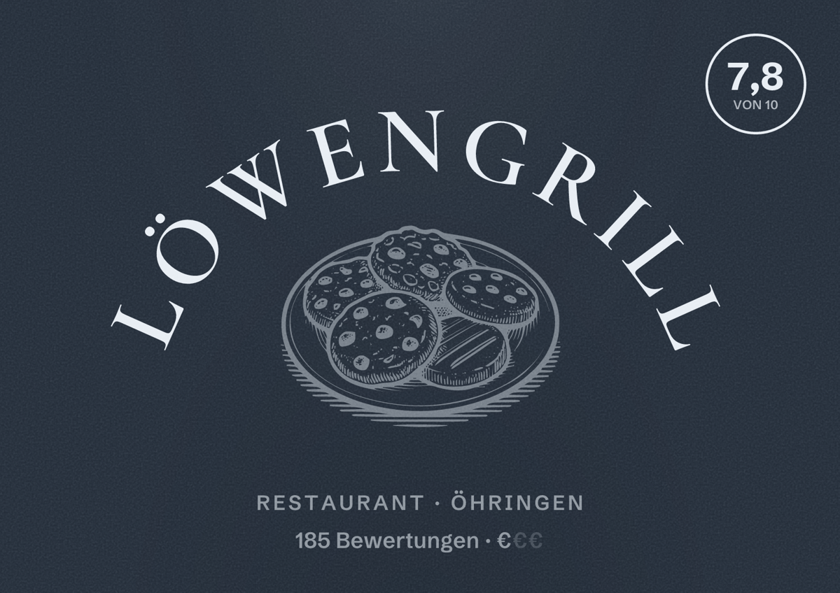 Illustriertes Poster von Löwengrill, Restaurant in Öhringen: Bewertung 7,8 von 10 aus 185 Bewertungen, Preisniveau €