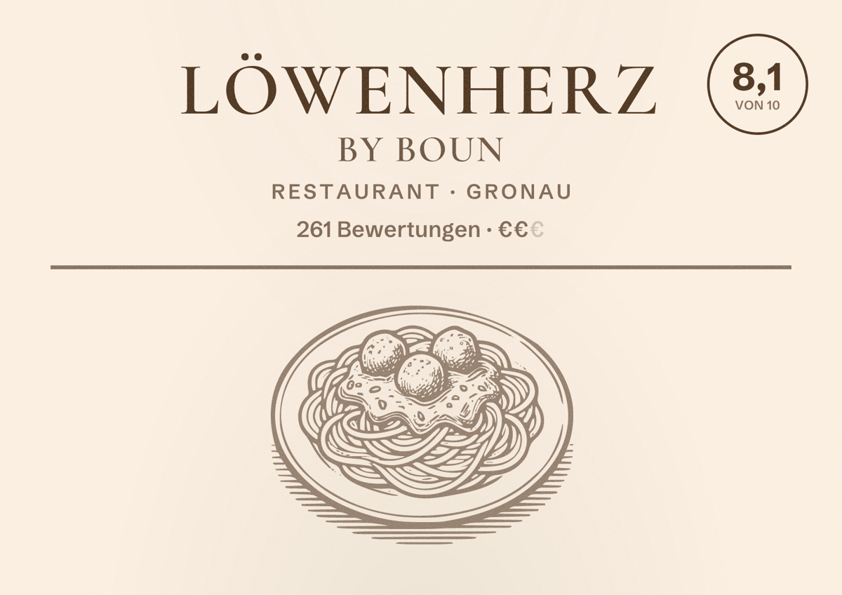 Illustriertes Poster von Löwenherz by Boun, Restaurant in Gronau: Bewertung 8,1 von 10 aus 261 Bewertungen, Preisniveau €€