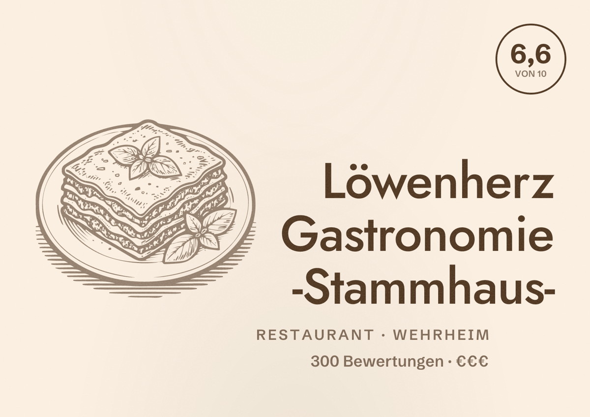 Illustriertes Poster von Löwenherz Gastronomie -Stammhaus-, Restaurant in Wehrheim: Bewertung 6,6 von 10 aus 300 Bewertungen, Preisniveau €€€
