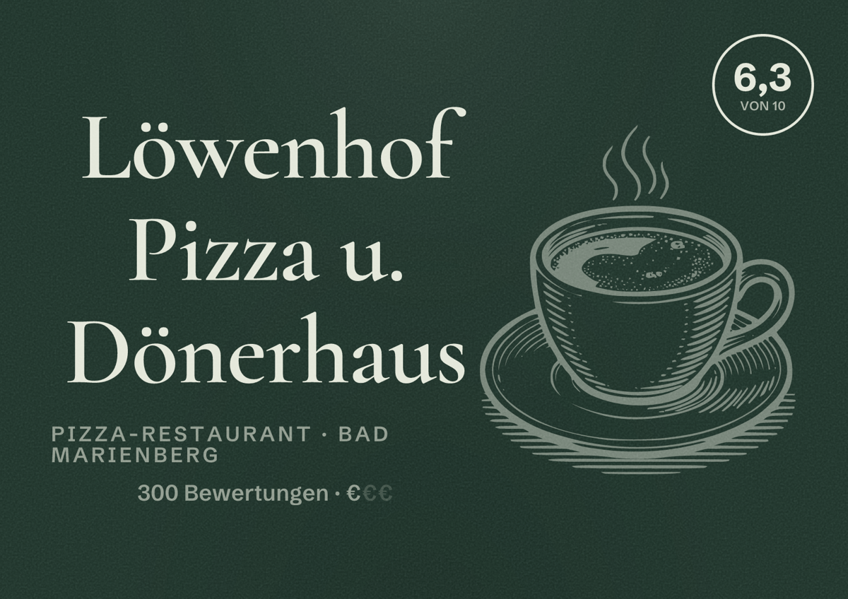 Illustriertes Poster von Löwenhof Pizza u. Dönerhaus, Pizza-Restaurant in Bad Marienberg: Bewertung 6,3 von 10 aus 300 Bewertungen, Preisniveau €