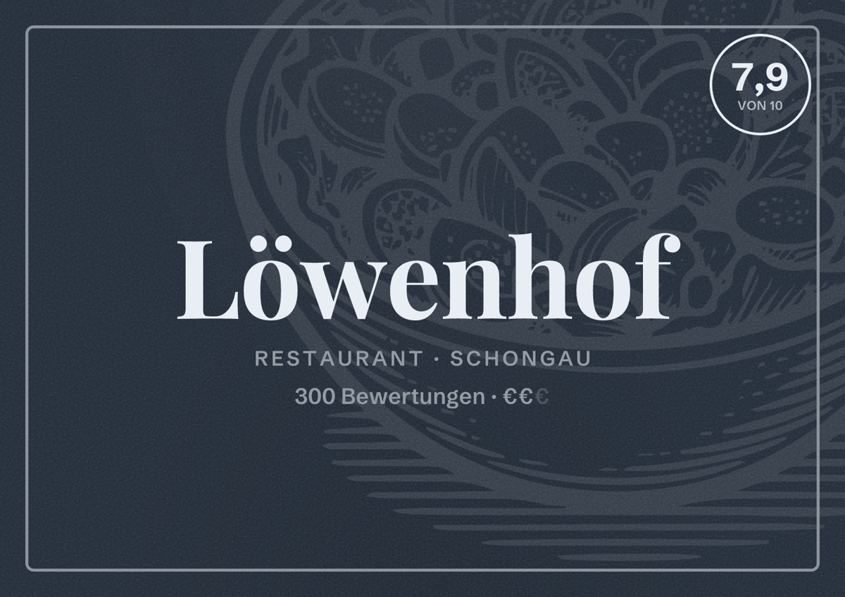 Illustriertes Poster von Löwenhof, Restaurant in Schongau: Bewertung 7,9 von 10 aus 300 Bewertungen, Preisniveau €€