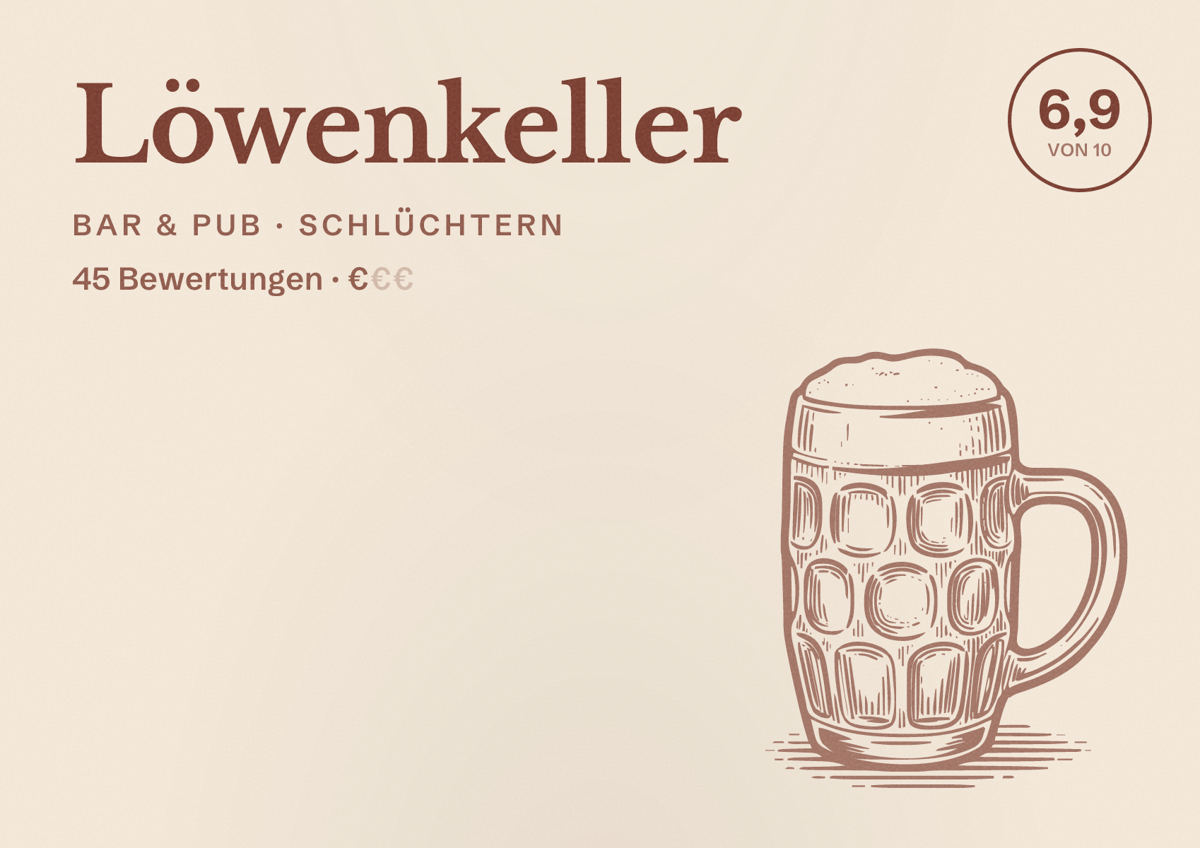 Illustriertes Poster von Löwenkeller, Bar & Pub in Schlüchtern: Bewertung 6,9 von 10 aus 45 Bewertungen, Preisniveau €