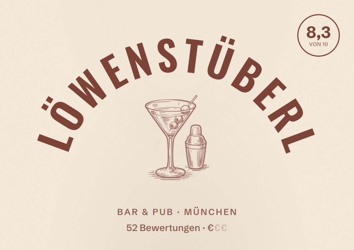 Illustriertes Poster von Löwenstüberl, Bar & Pub in München: Bewertung 8,3 von 10 aus 52 Bewertungen, Preisniveau €