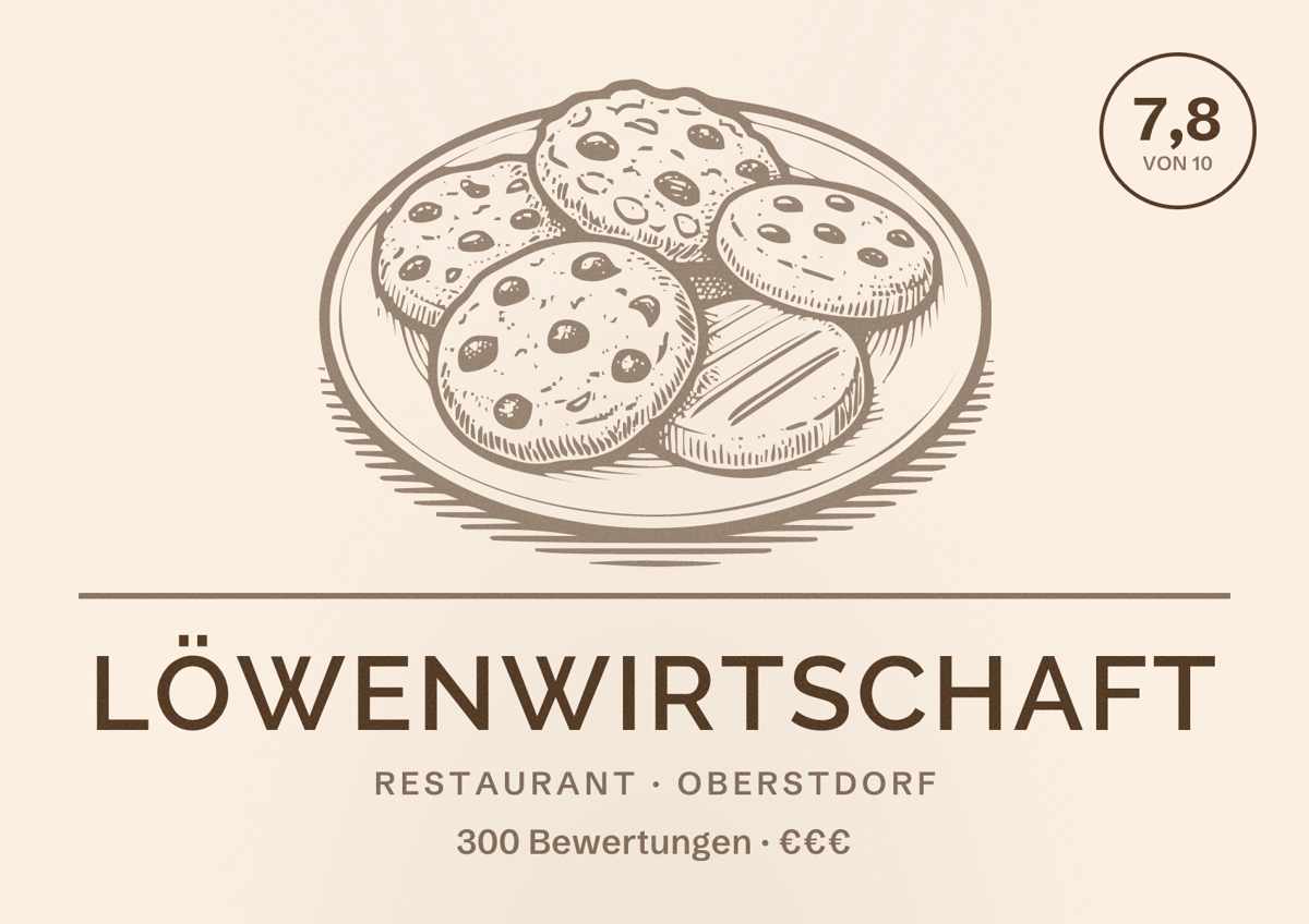 Illustriertes Poster von Löwenwirtschaft, Restaurant in Oberstdorf: Bewertung 7,8 von 10 aus 300 Bewertungen, Preisniveau €€€