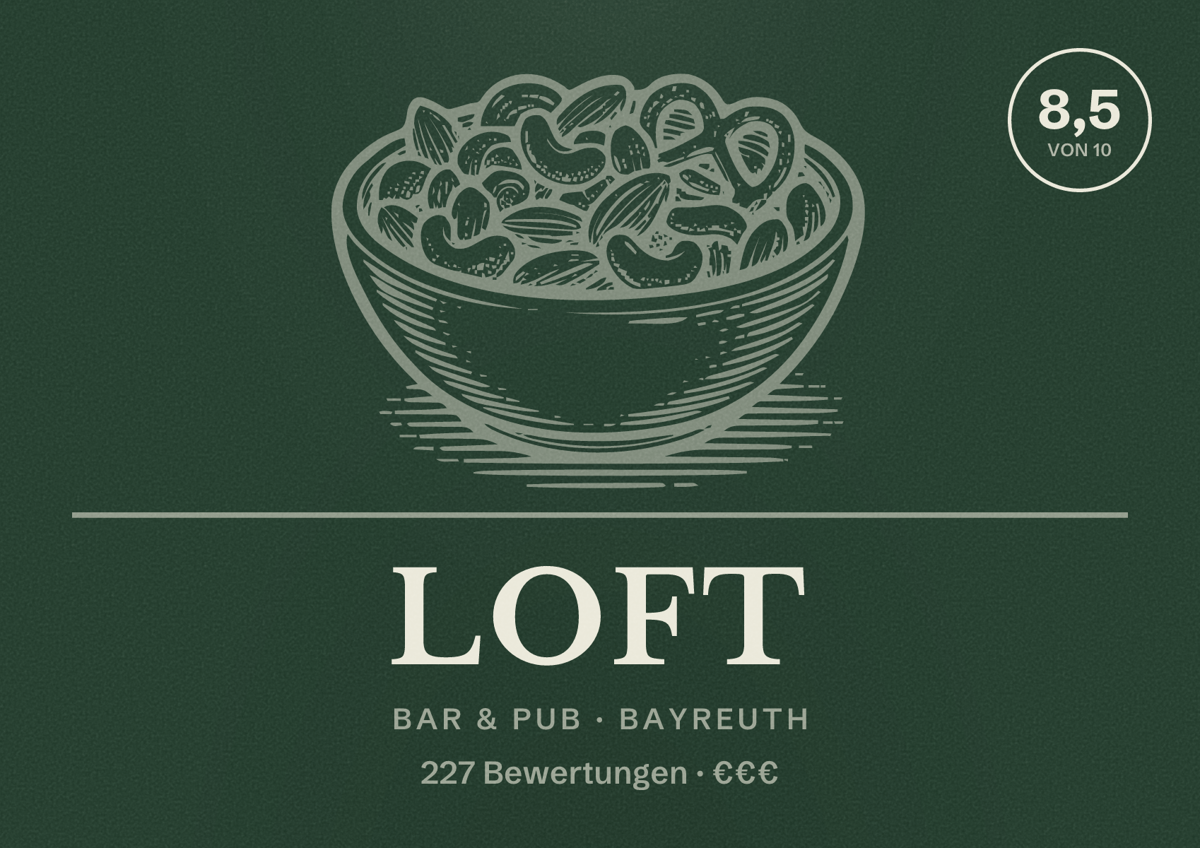 Illustriertes Poster von LOFT, Bar & Pub in Bayreuth: Bewertung 8,5 von 10 aus 227 Bewertungen, Preisniveau €€€