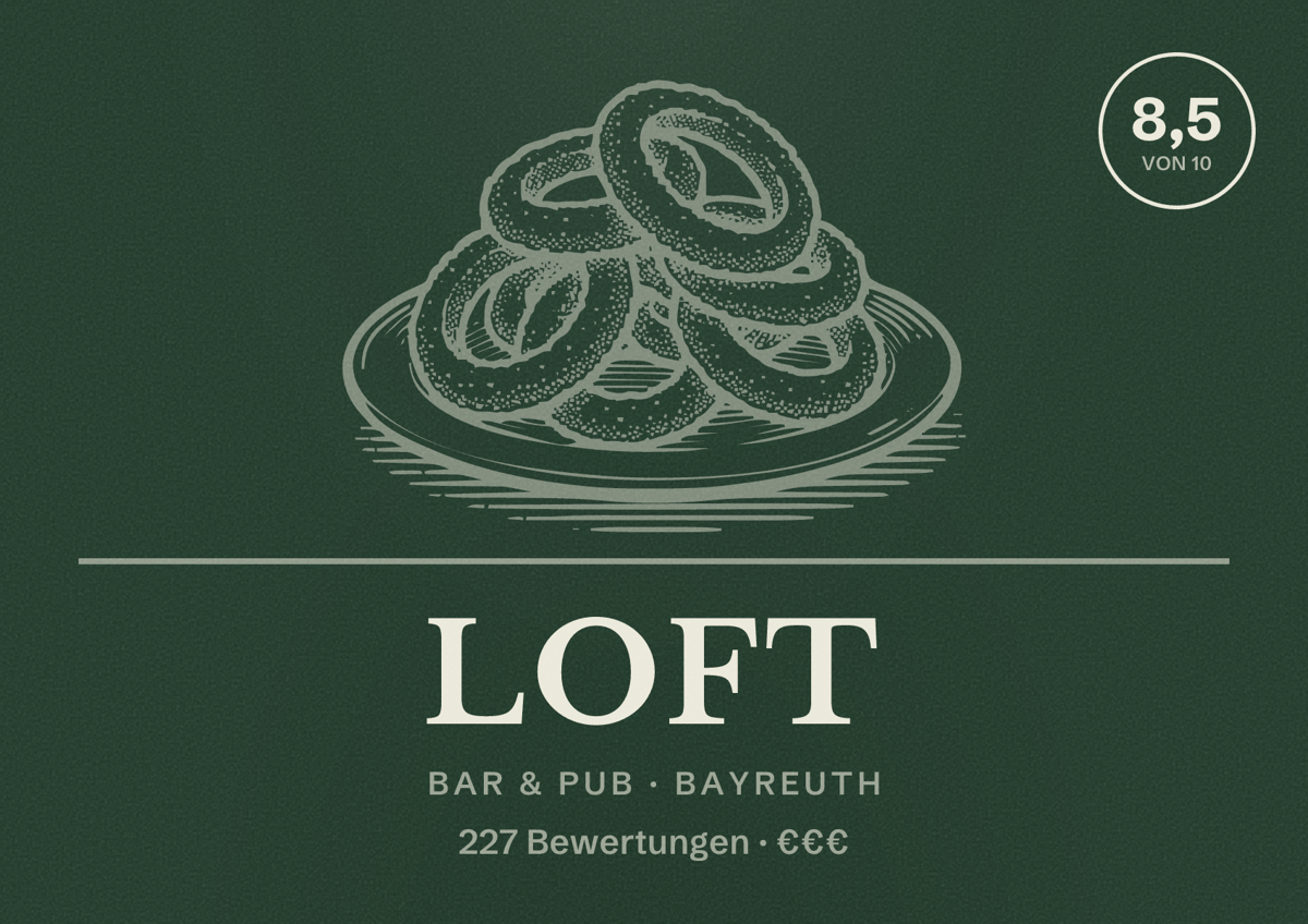 Illustriertes Poster von LOFT, Bar & Pub in Bayreuth: Bewertung 8,5 von 10 aus 227 Bewertungen, Preisniveau €€€