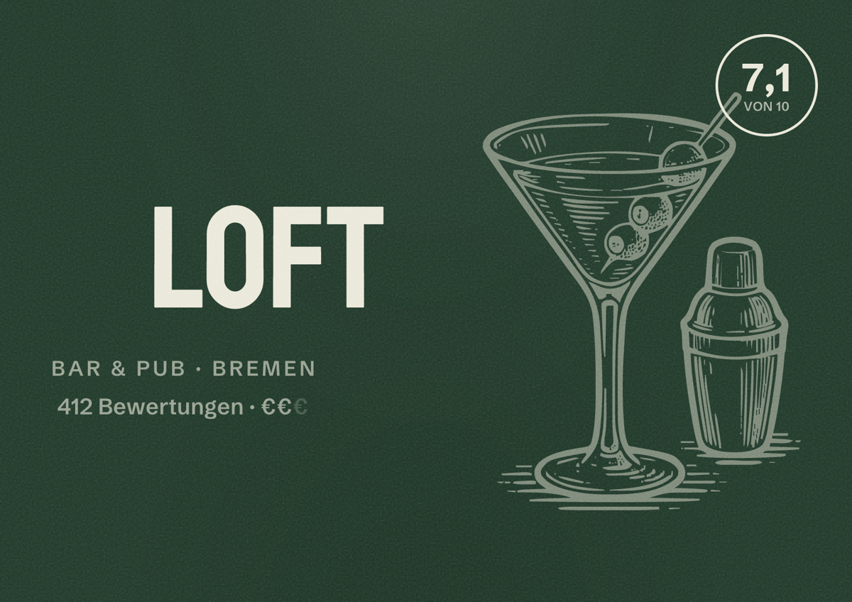 Illustriertes Poster von Loft, Bar & Pub in Bremen: Bewertung 7,1 von 10 aus 412 Bewertungen, Preisniveau €€