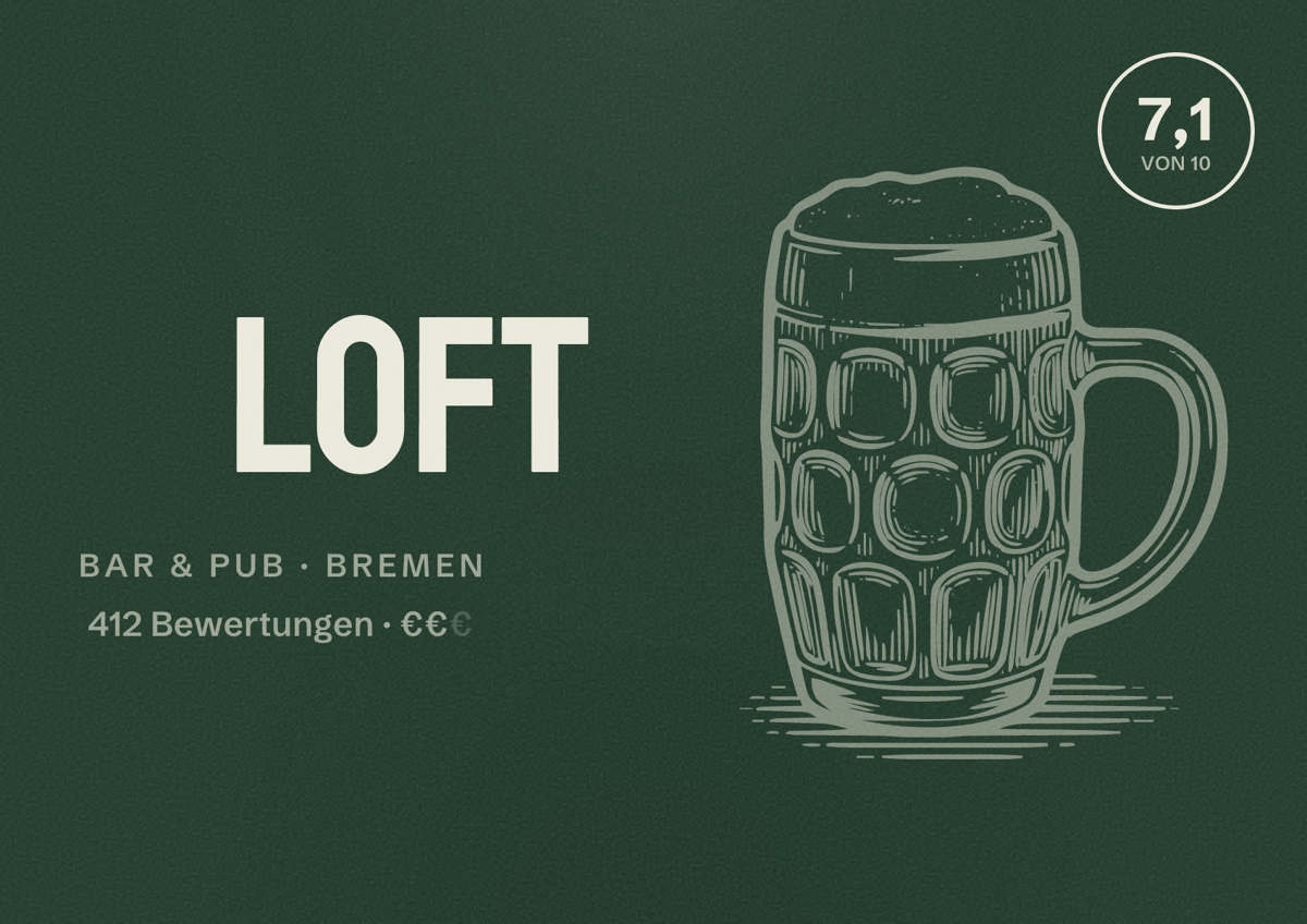 Illustriertes Poster von Loft, Bar & Pub in Bremen: Bewertung 7,1 von 10 aus 412 Bewertungen, Preisniveau €€
