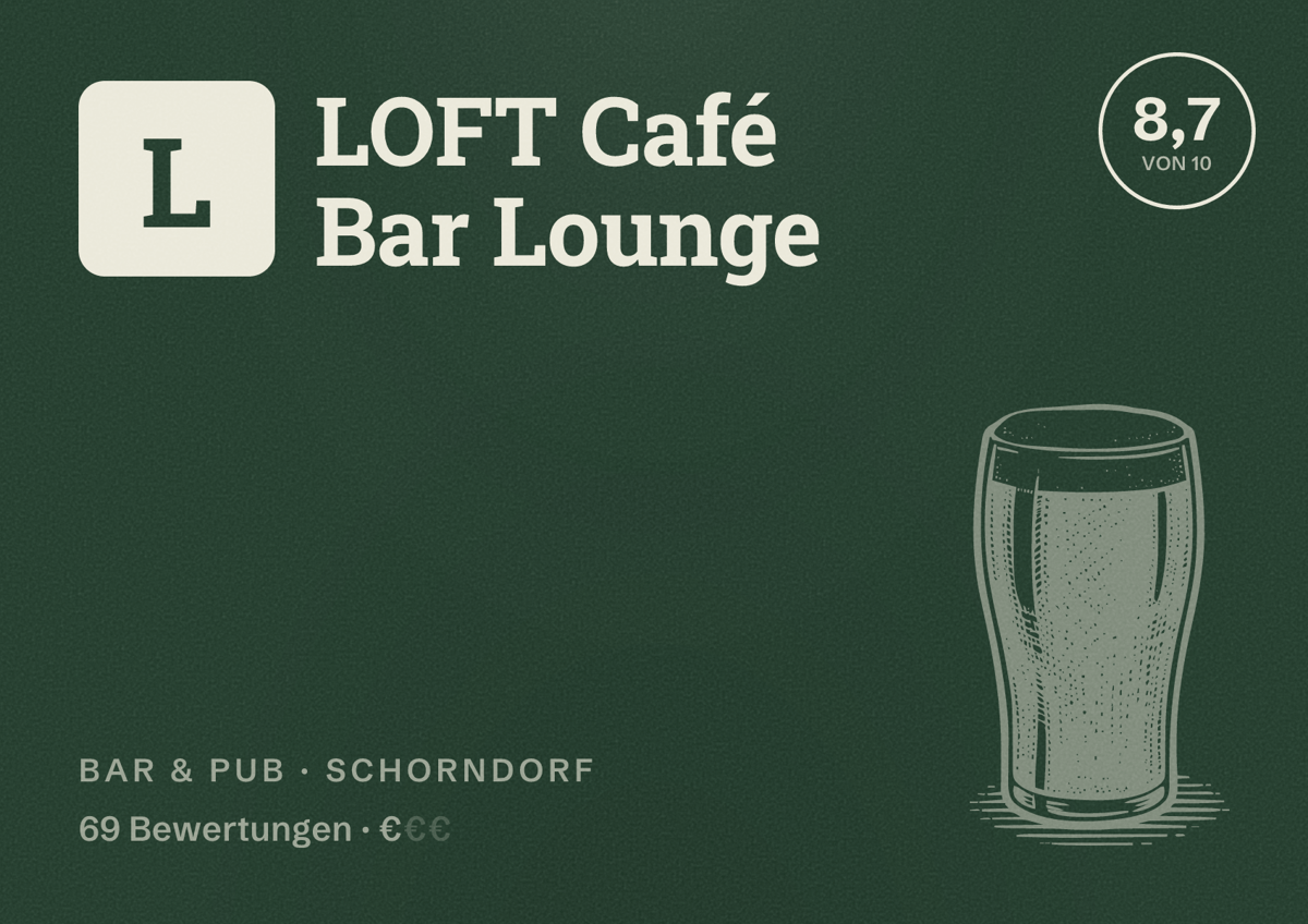 Illustriertes Poster von LOFT Café Bar Lounge, Bar & Pub in Schorndorf: Bewertung 8,7 von 10 aus 69 Bewertungen, Preisniveau €