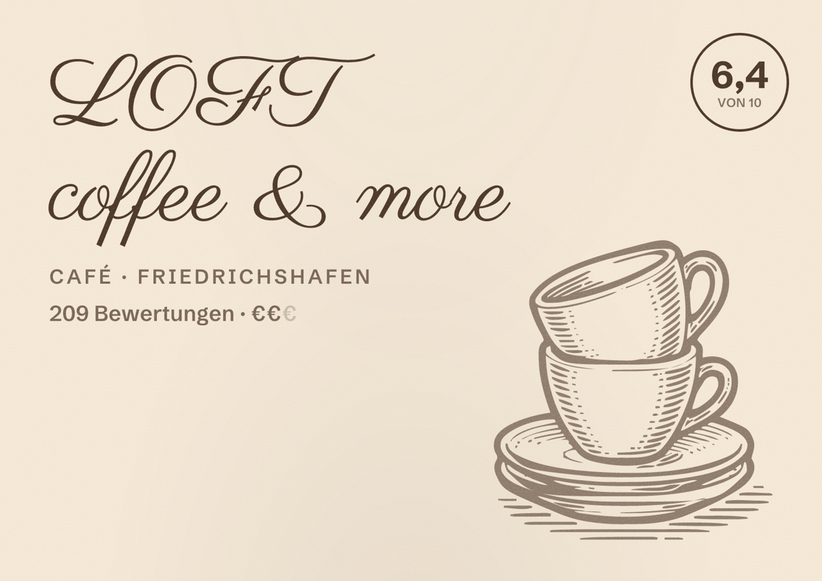 Illustriertes Poster von LOFT coffee & more, Café in Friedrichshafen: Bewertung 6,4 von 10 aus 209 Bewertungen, Preisniveau €€