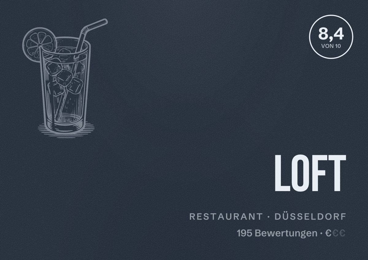 Illustriertes Poster von Loft, Restaurant in Düsseldorf: Bewertung 8,4 von 10 aus 195 Bewertungen, Preisniveau €