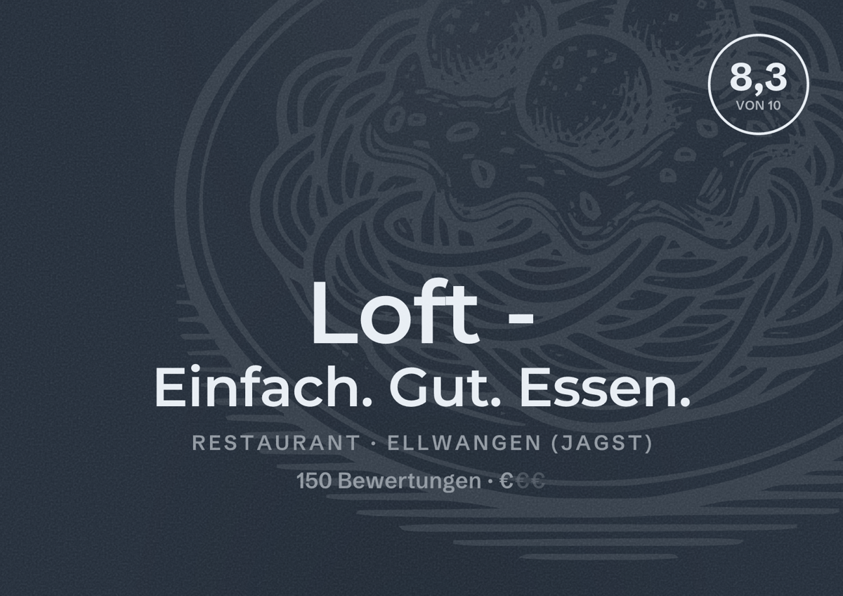 Illustriertes Poster von Loft - Einfach. Gut. Essen., Restaurant in Ellwangen (Jagst): Bewertung 8,3 von 10 aus 150 Bewertungen, Preisniveau €