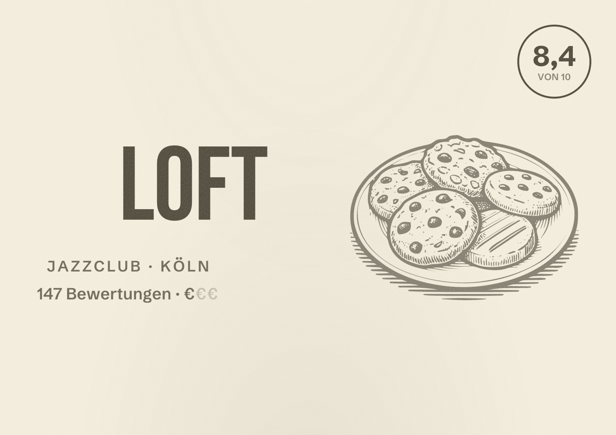 Illustriertes Poster von Loft, Jazzclub in Köln: Bewertung 8,4 von 10 aus 147 Bewertungen, Preisniveau €
