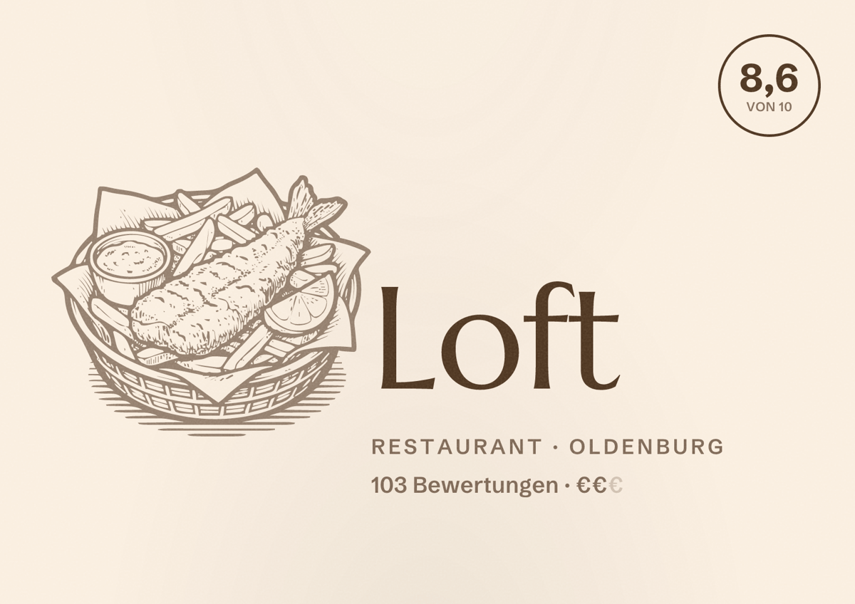 Illustriertes Poster von Loft, Restaurant in Oldenburg: Bewertung 8,6 von 10 aus 103 Bewertungen, Preisniveau €€