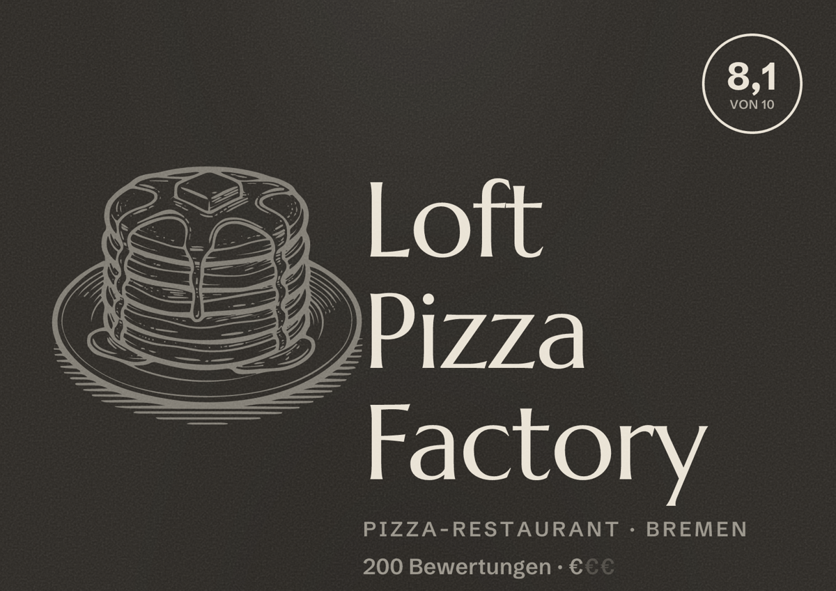 Illustriertes Poster von Loft Pizza Factory, Pizza-Restaurant in Bremen: Bewertung 8,1 von 10 aus 200 Bewertungen, Preisniveau €