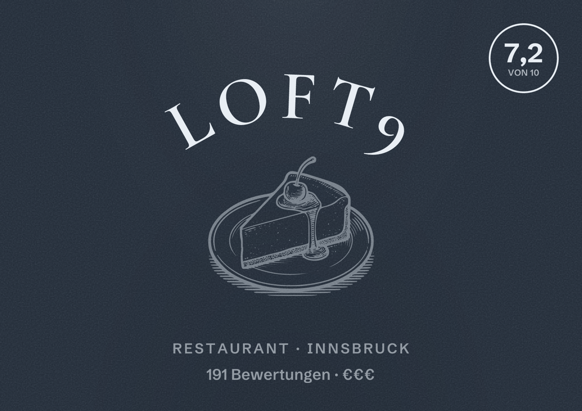 Illustriertes Poster von Loft9, Restaurant in Innsbruck: Bewertung 7,2 von 10 aus 191 Bewertungen, Preisniveau €€€