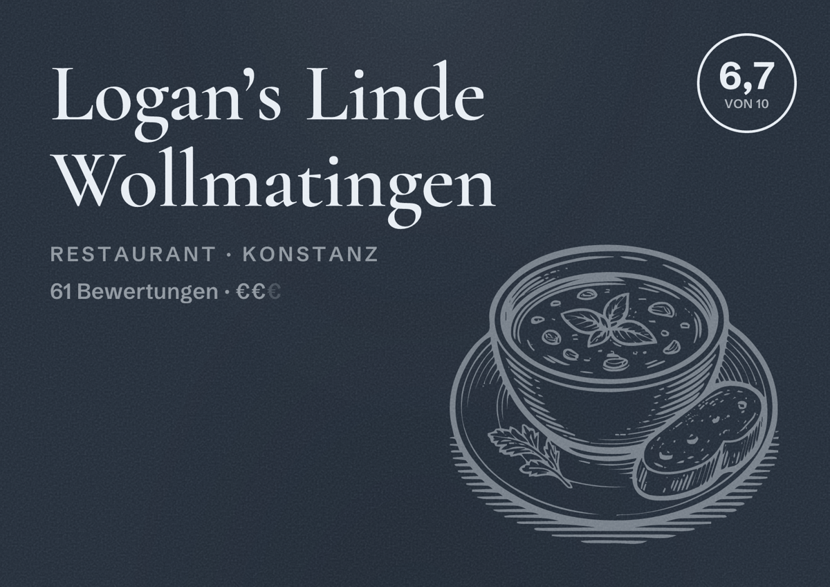 Illustriertes Poster von Logan’s Linde Wollmatingen, Restaurant in Konstanz: Bewertung 6,7 von 10 aus 61 Bewertungen, Preisniveau €€
