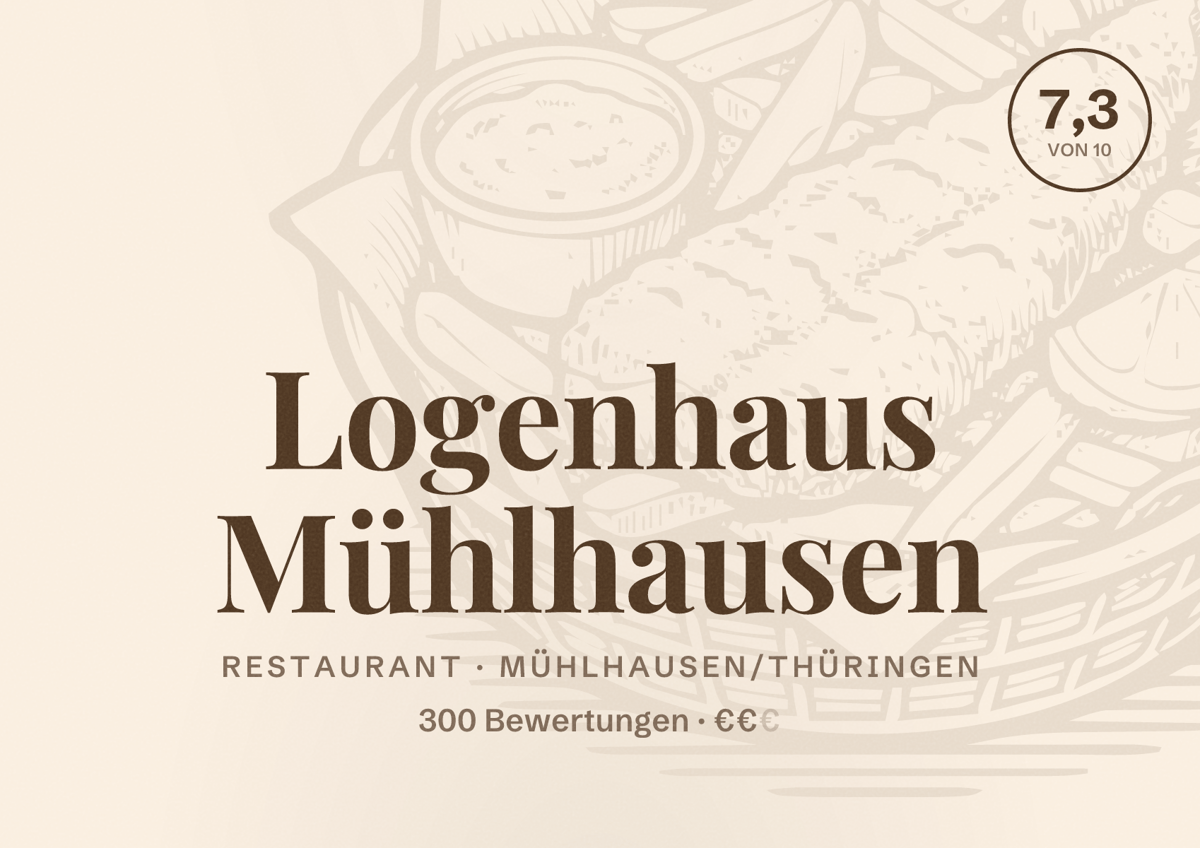 Illustriertes Poster von Logenhaus Mühlhausen, Restaurant in Mühlhausen/Thüringen: Bewertung 7,3 von 10 aus 300 Bewertungen, Preisniveau €€