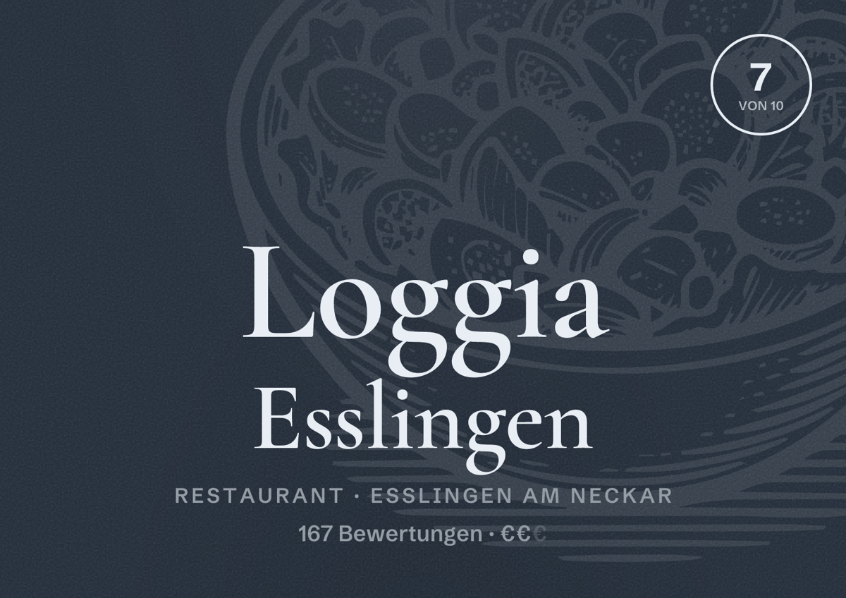 Illustriertes Poster von Loggia Esslingen, Restaurant in Esslingen am Neckar: Bewertung 7 von 10 aus 167 Bewertungen, Preisniveau €€