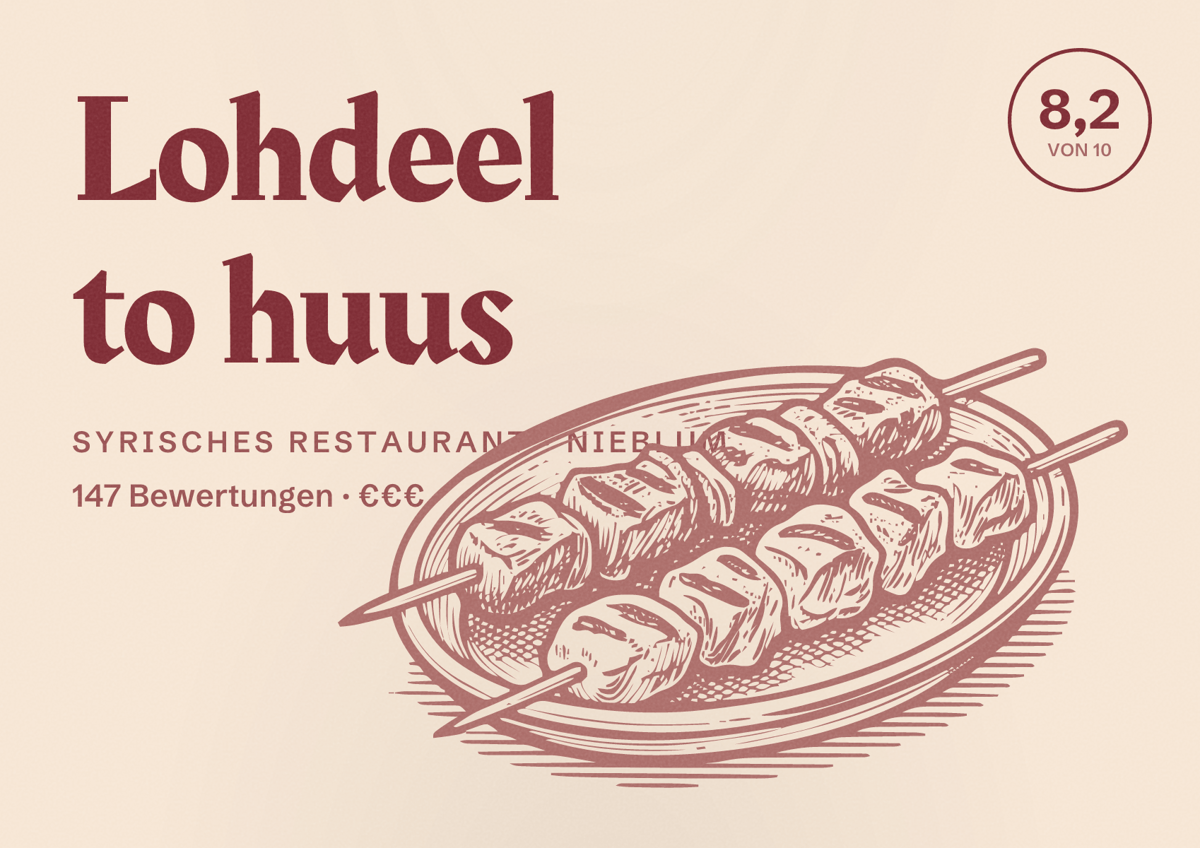 Illustriertes Poster von Lohdeel to huus, Syrisches Restaurant in Nieblum: Bewertung 8,2 von 10 aus 147 Bewertungen, Preisniveau €€€
