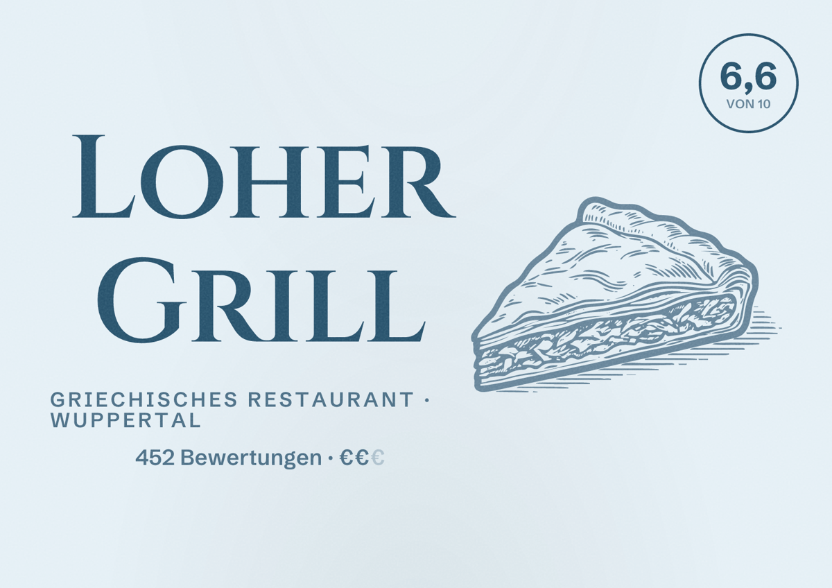 Illustriertes Poster von Loher Grill, Griechisches Restaurant in Wuppertal: Bewertung 6,6 von 10 aus 452 Bewertungen, Preisniveau €€