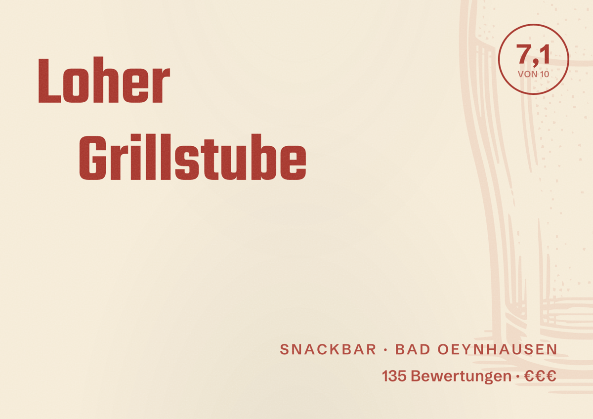 Illustriertes Poster von Loher Grillstube, Snackbar in Bad Oeynhausen: Bewertung 7,1 von 10 aus 135 Bewertungen, Preisniveau €€€